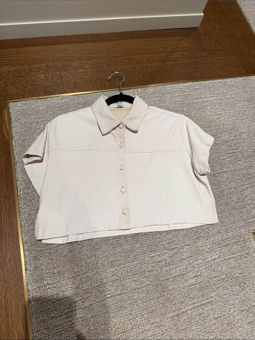 SIR Leather Cropped Button-Up Short Sleeve Shirt in Light Cream